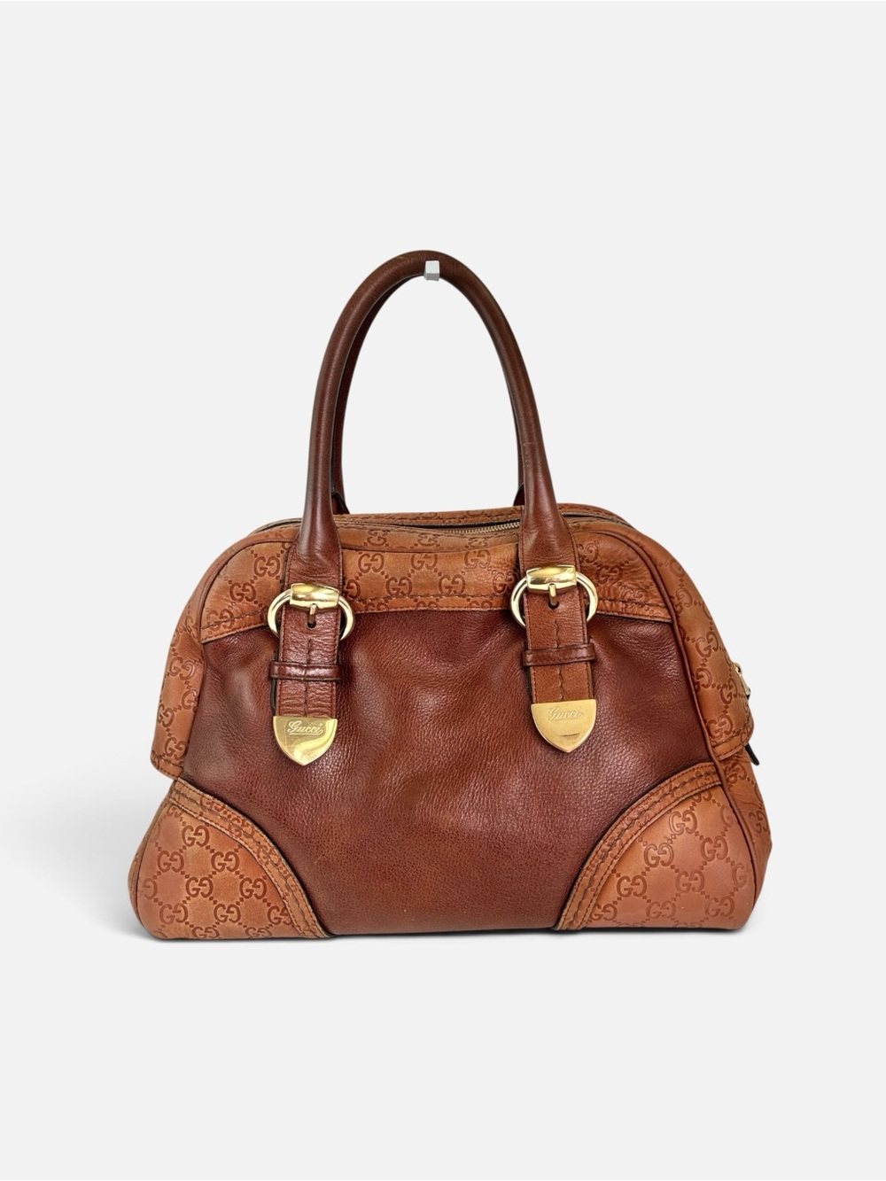 Gucci Brown Leather and GG Canvas Satchel with Gold Hardware - Picture 2 of 12